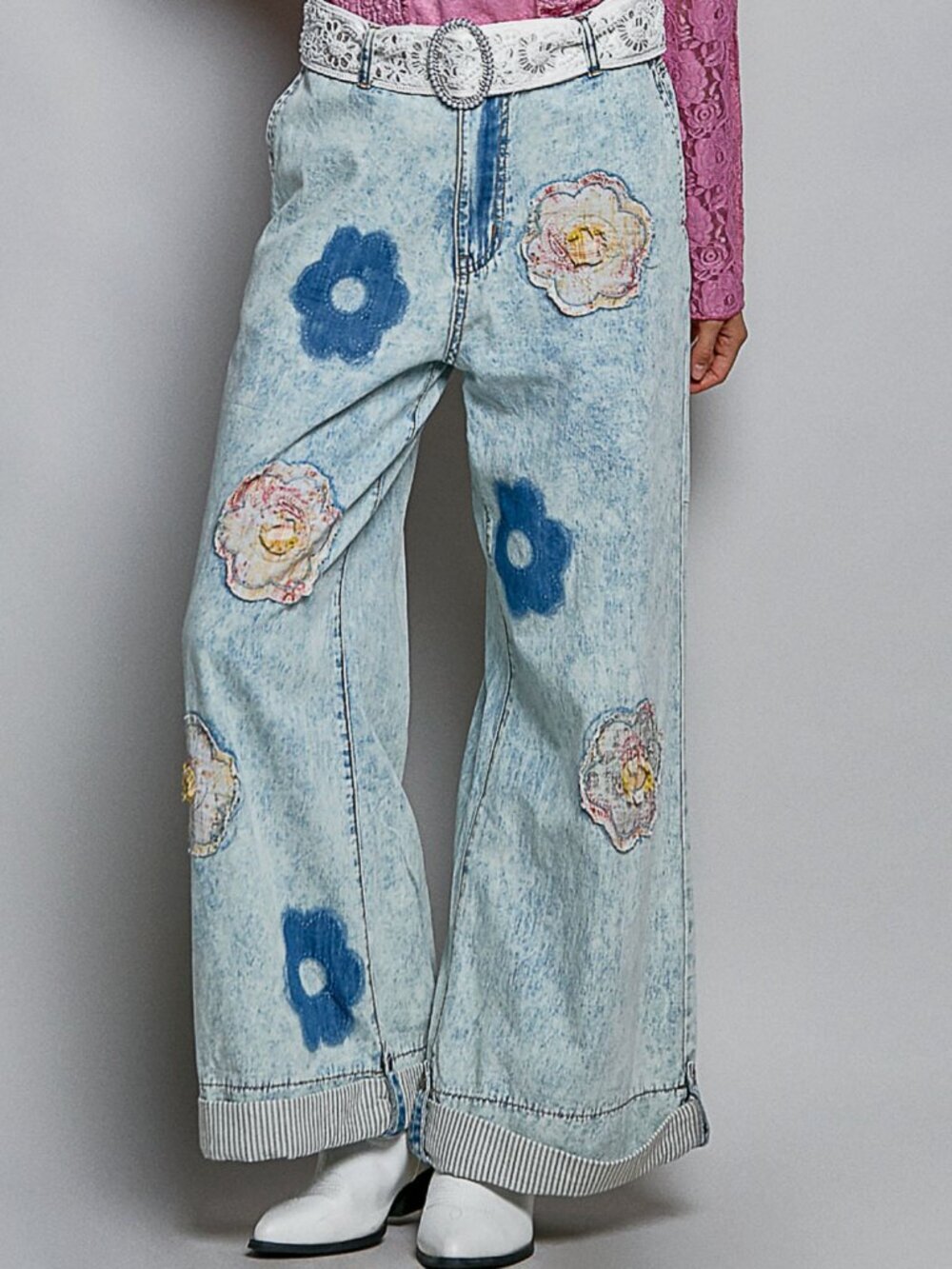 POL Floral Patchwork Rolled Hem Denim Straight Leg Jeans NWT